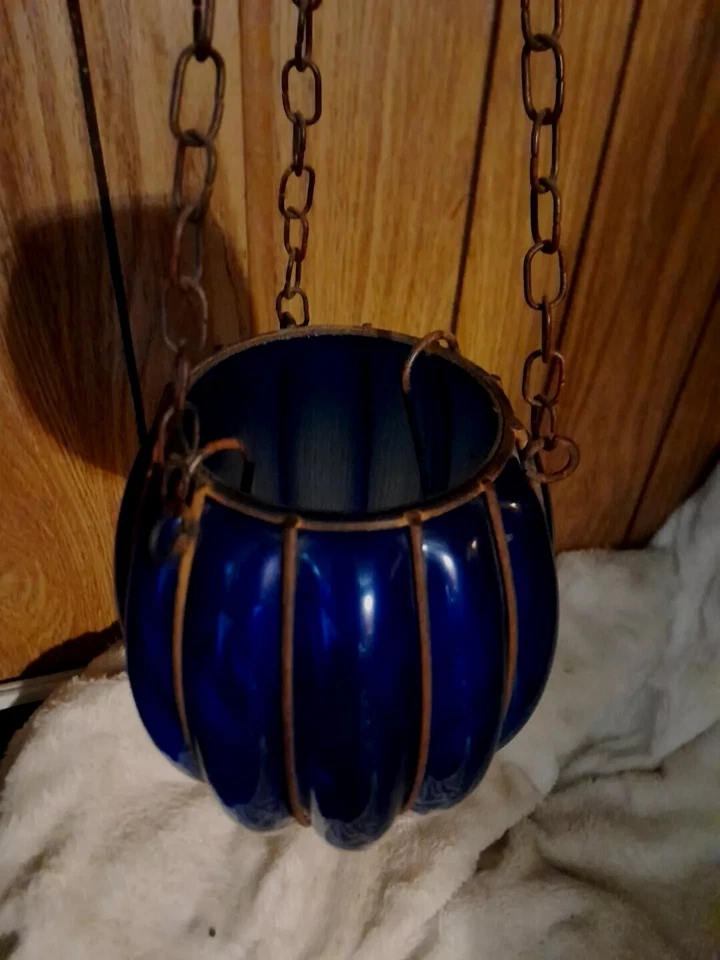 (MATCHING PAIR!!) Murano Hand Blown Caged Glass Globes Acorn Shape Cobalt Blue  - Image 4 of 4