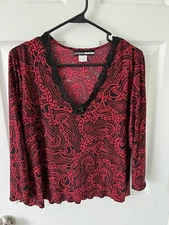 Studio Donatella Women's Red Black Long-sleeved Lace Collar Blouse Top Medium
