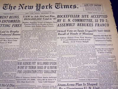 1946 DEC 13 NEW YORK TIMES - ROCKEFELLER SITE ACCEPTED U. N. COMMITTEE - NT 843