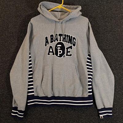 A BATHING APE Hoodie Mens XL Gray Blue Patch Logo Hooded Sweatshirt Streetwear 