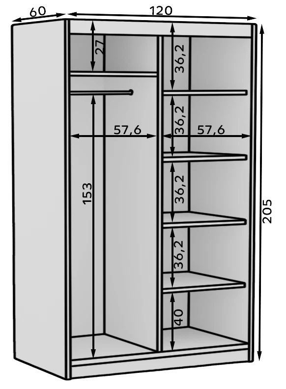 Wardrobe 120x205cm Sliding Doors Rail Shelves Mirror Decorative Strips DELIA 120 - Image 3 of 4