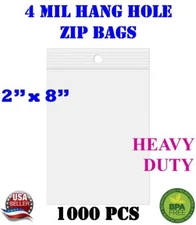 1000 - 2" x 8" Zip Seal Reclosable 4Mil Top Lock Bags Hang Hole Heavy Duty