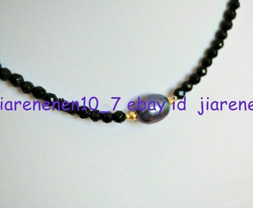 Faceted 3mm Bright Black Spinel Gems & 9-10mm Tahitian Black Pearl Necklace 18'' - 第 5/12 張圖片