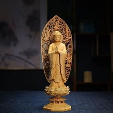 11" Natural Boxwood Wood Stand Shakyamuni Amitabha Buddha Buddhism Lotus Statue