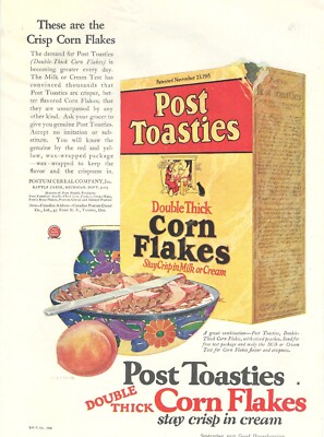 1925 Post Toasties Corn Flakes Box W Cereal In Bowl Color Vintage Art Print Ad