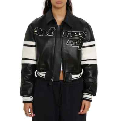 Cropped AVIREX Icon Women White American Bomber Flight Leather Jacket