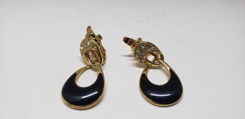Crown Trifari Black And Gold Tone With Rhinestone Drop Fashion Clip On Earrings - Picture 6 of 10