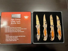 Maxam Camo Liner Lock Knife 4 Piece Set Wood Inlays