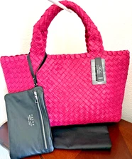 FALOR Firenze Hand Woven Italian Leather Lg Tote Bag Magenta Pink & Pouch NWT