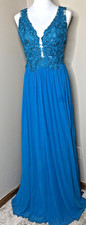 Sherri Hill Teal Lace Bodice Prom Dress Deep V Neck Chiffon Skirt Formal Gown 14