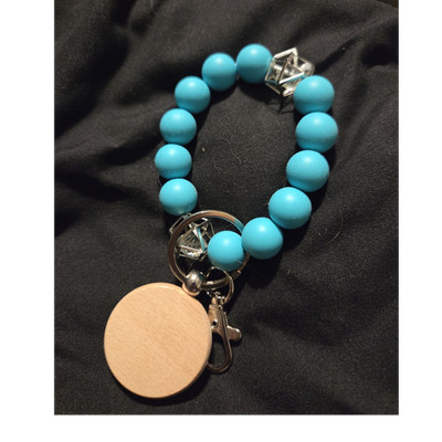 Blue Beaded Bracelet Key Chain with Wood, Metal, and Acrylic Accents