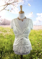 Cream Lace Beaded Blouse Top Fairy Dreamy Ethereal Romantic Dressy Y2K Coquette