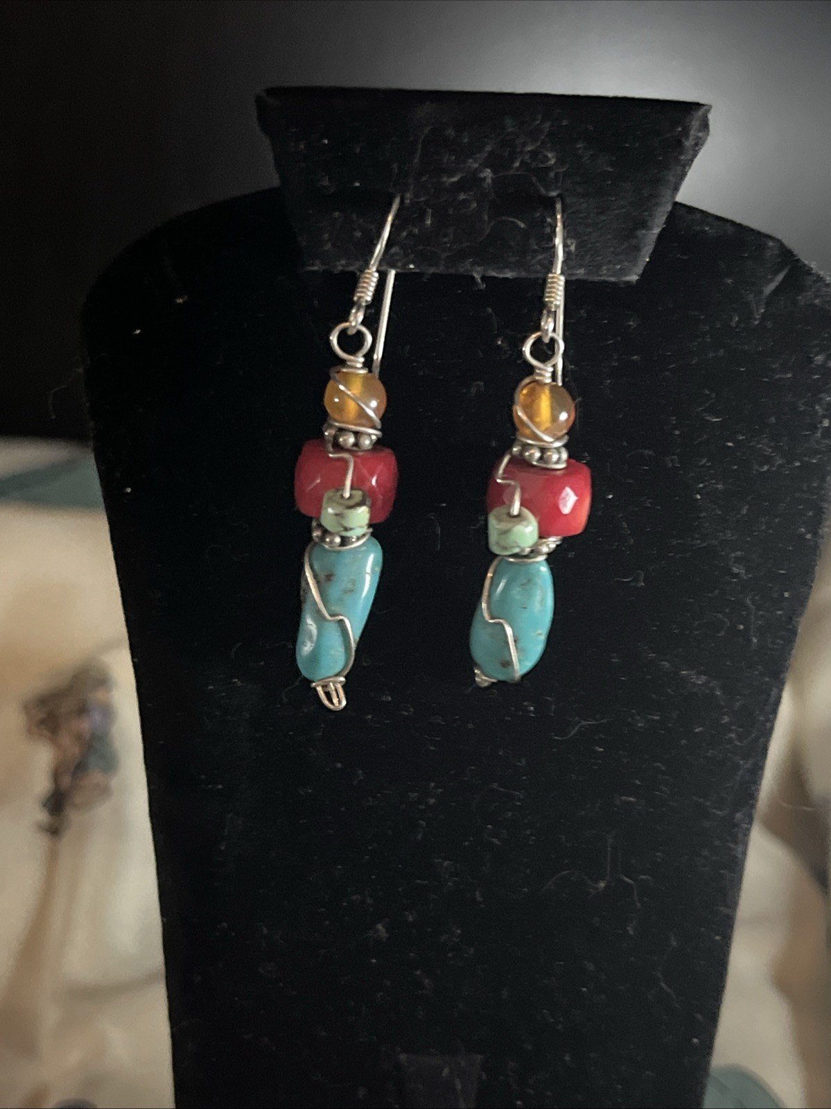 sterling silver dangle earrings featuring stacked… - image 2