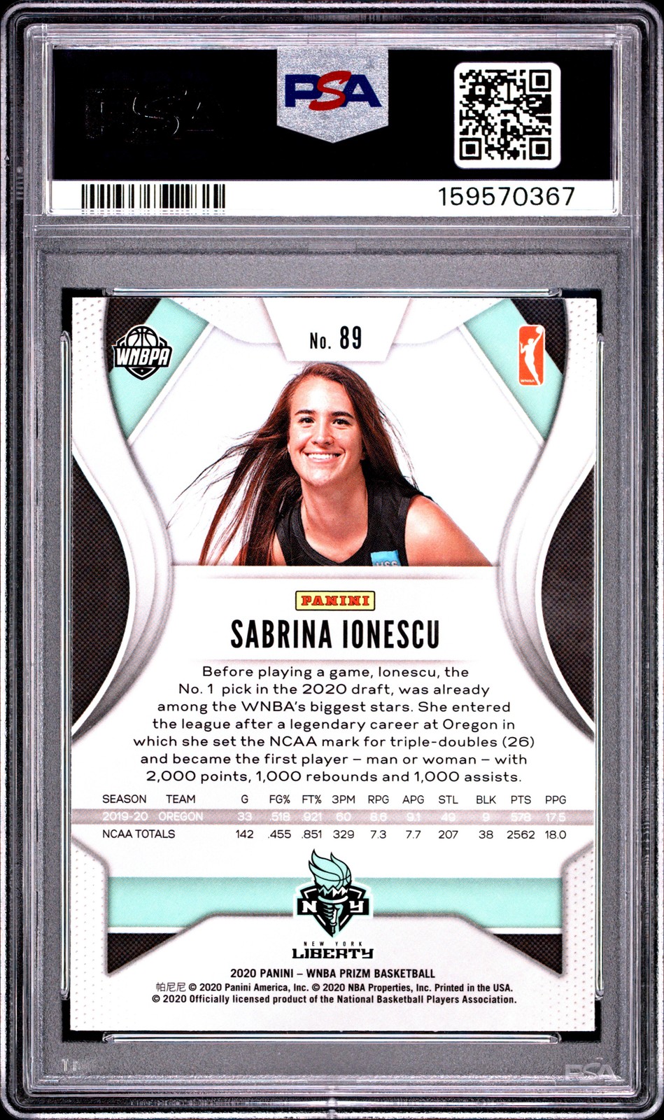 2020 PANINI PRIZM WNBA #89 SABRINA IONESCU ROOKIE RC PSA 9 view 2