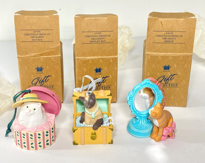 3 Avon 1993 Kitty Cats Christmas Ornaments- Mirror Jewelry Box Hat Box, In Boxes