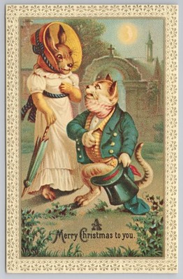 Katze umwirbt Kaninchen anthropomorphe Merrimack Repro Postkarte 1980er