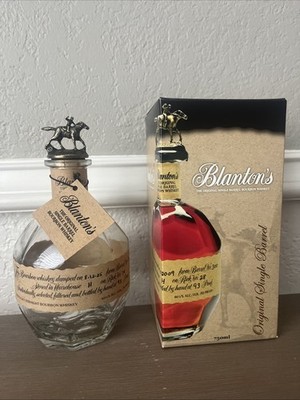Blanton s Bourbon Whiskey Empty Bottle + Box & Bag 750 ml W/Cork Topper letter S