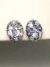 Vintage Venetian Glass Earrings Lampwork White Milk Blue Gold Tone Stippled .75"