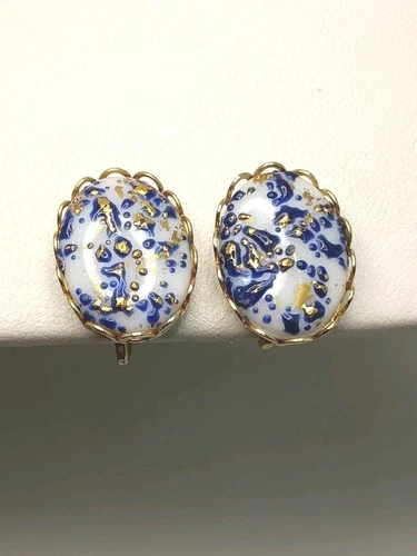 Vintage Venetian Glass Earrings Lampwork White Milk Blue Gold Tone Stippled .75"