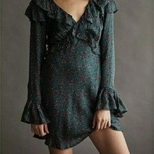 Free People Sweetest Thing Satin Long Sleeve Ruffle V Neck Mini Dress  Size 2 