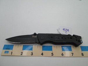 #929 Black Aluminum SOG Escape Serrated Lockback Knife Glass Punch Belt Cutter