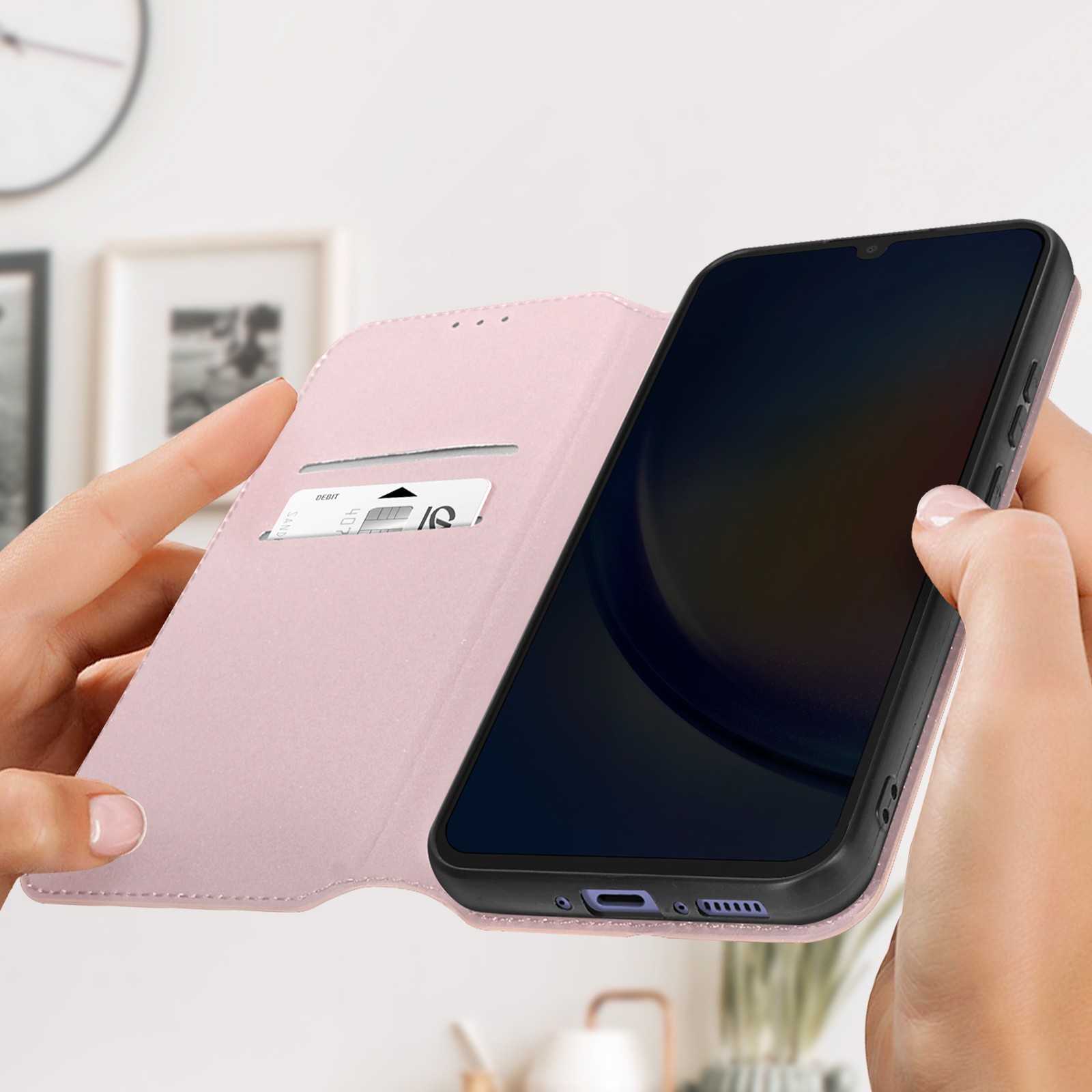 Housse Galaxy A34 5G rose avec support vidéo et rabat magnétique