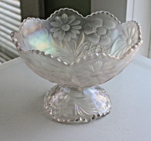 US Glass Clear Ice Carnival Glass Cosmos & Cane Pedestal Bowl Small Compote