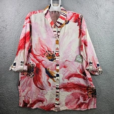 NEW John Mark Tunic Shirt Top Women 1X Button Up Large Floral Print Pink Red
