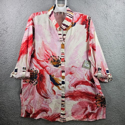 #ad NEW John Mark Tunic Shirt Top Women 1X Button Up Large Floral Print Pink Red $44.99