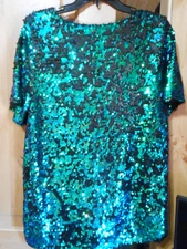BAR III Sequin Short Sleeve Top. Size XL, Black/Green Beautiful & Stunning, EUC