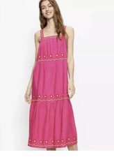 Loft Women’s Petite Dress Pink Embroidered Linen Tier Size S  NWT