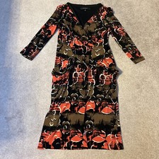Nine West Dress Size 2 Floral Print Black Orange Knee Length V Neck 3/4 Sleeve