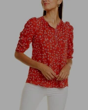 Max Studio TOP Red Floral Chiffon Ruched Scrunch Sleeve Blouse M Button NWT$88