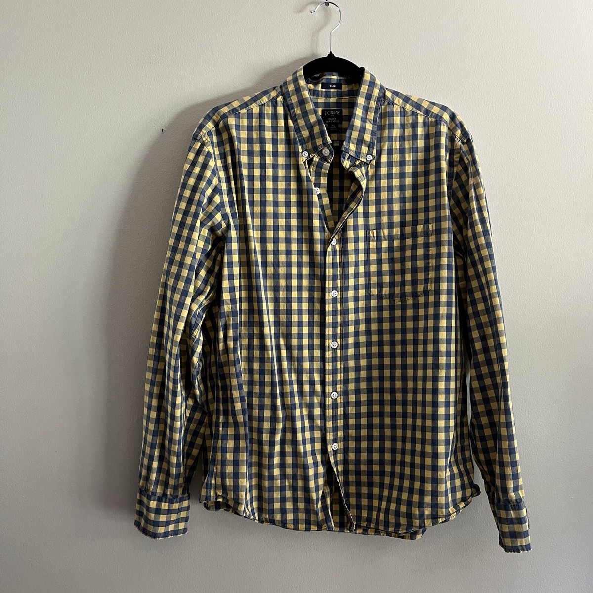 Factory Men XL Yellow Blue Check Flex Washed Slim Fit