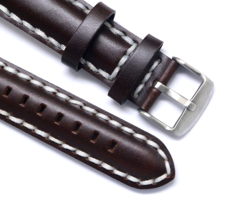 20mm Brown Leather Thick Stitching Padded Replacement Watch Band Silver Buckle