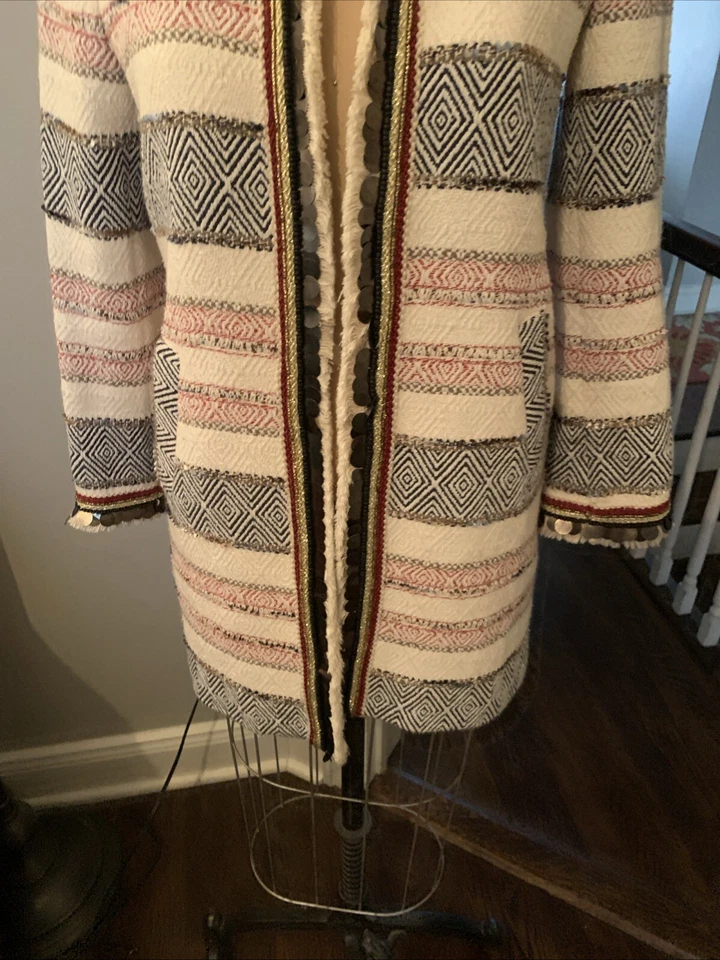 Zara Blue Red & White Fringe Embellished Blazer Long Jacket Textured Boho Small - Image 4 of 4