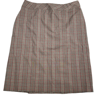 Jones Wear Skirt Stretch Sz 8 Tan Red Plaid Lined Side Zipper 23'' Length