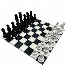 Set di Scacchi in Marmo Bianco e Nero con Scacchiera in Alabastro Chess Set 35cm