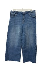Wide Leg Jeans 14 High-rise Stretch Denim Raw Hem Button Fly BOhO Cropped