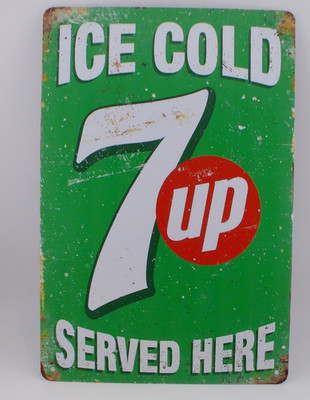 Ice Cold 7Up Served Here Metal Tin Sign Vintage Style Soda Sign Imperfection