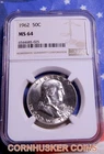 1962 FRANKLIN SILVER HALF DOLLAR NGC MS 64  BRIGHT  STRIKE  FREE SHIPPING