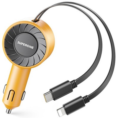 SUPERONE 3-in-1 Car Charger with Retractable Cords, USB C Yellow 