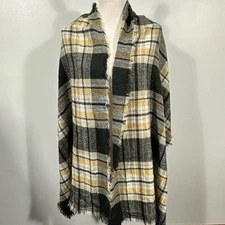 Black Tan Gray Plaid Fringe Wrap Shawl