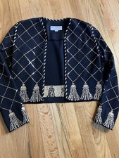 St. John Evening by Marie Gray Beaded Metallic Short Jacket Black Gold Long Sle  