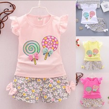 2PCS Toddler Kids Baby Girls Outfits Lolly T-shirt Tops+Short Pants Clothes Set