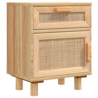 Nachttisch Braun Massivholz Kiefer Und Natur-Rattan Nachtkonsole