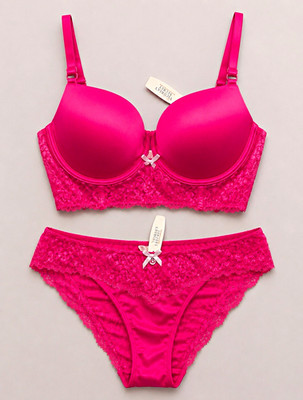 Victoria s Secret BH-Set Pink Spitze Push-Up mit Bügel, Slip, Schleife