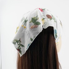 Embroidered Floral Headscarf, Women's Tie Back Triangle Hair Bandana, White