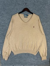 Vintage Polo Ralph Lauren V Neck Sweater Mens XL Beige Pima Cotton Pony 90s