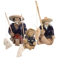 3 Pcs Mini Sitting Fishing Figurines Chinese Man Asian Fisherman Aquarium